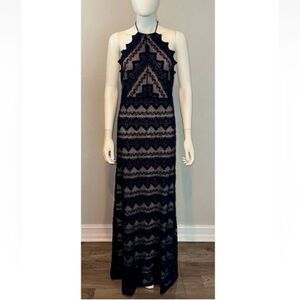 NWT $498 NIGHTCAP Anthropologie "Monaco" navy tan lace maxi dress gown L